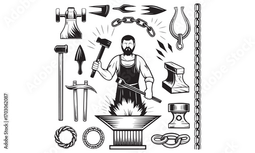 Blacksmith Tools Icons Set Forging, Metalwork, Gates, Anvils & Protective Gear


