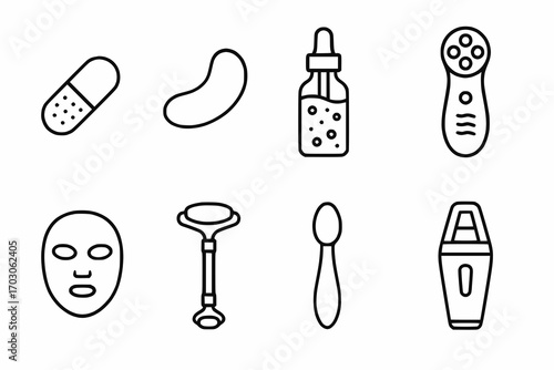 Minimalist line icons of innovative cosmetic and beauty products