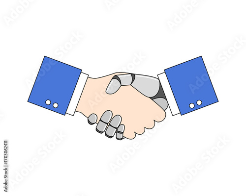 Vector illustration of a human shaking hands with technology, symbolizing innovation, partnership, digital transformation, and the future of collaboration between people and machines.