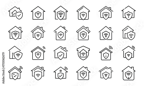 Home Insurance Line Icons Set – Property Protection, Financial Security, House Fire and Flood Risk, Mortgage Coverage, Business Insurance, Banking Security, Investment Protection, Real Estate Safety, 