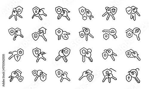 Home Insurance Line Icons Set – Property Protection, Financial Security, House Fire and Flood Risk, Mortgage Coverage, Business Insurance, Banking Security, Investment Protection, Real Estate Safety, 