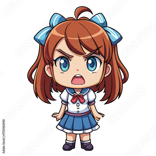 Adorable chibi anime schoolgirl with brown hair, blue eyes, and a furious expression. Cute angry chibi character design in Japanese anime style, perfect for stickers, emotes, and digital art.