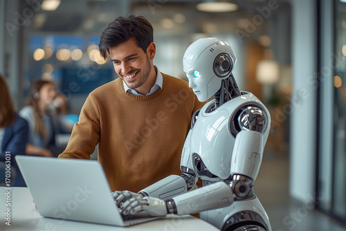 Man and AI humanoid robot using laptop work together and collaborating, symbolizing AI agent partnership help job and work with AI