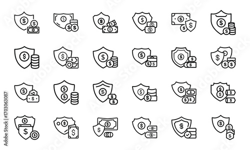 Home Insurance Line Icons Set – Property Protection, Financial Security, House Fire and Flood Risk, Mortgage Coverage, Business Insurance, Banking Security, Investment Protection, Real Estate Safety, 