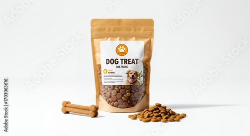Brown paper bag of dog treats, kibble, bone shaped treat, pet food product photography