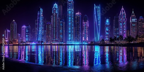 Wallpaper Mural Futuristic neon skyscrapers reflecting on waterfront Torontodigital.ca