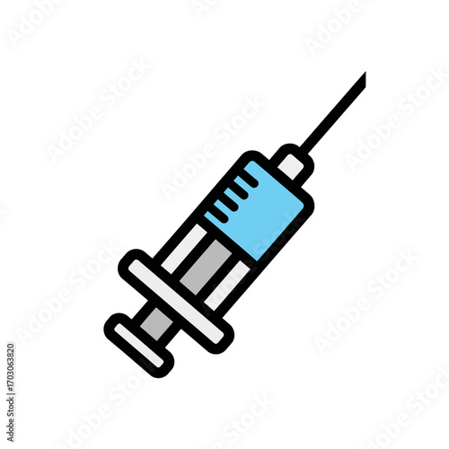 Filled syringe injects vaccine on white backdrop