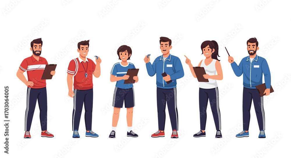 Fototapeta premium Group of coaches and a young athlete standing together, holding clipboards and gesturing.