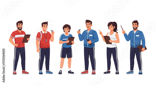 Group of coaches and a young athlete standing together, holding clipboards and gesturing.