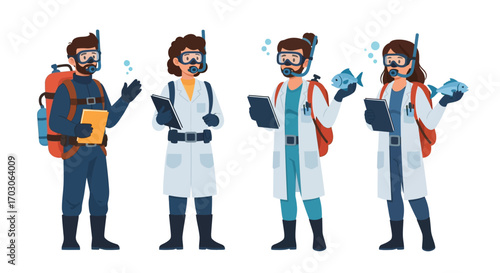 Four scuba divers/marine biologists in discussion, holding equipment and fish specimens.