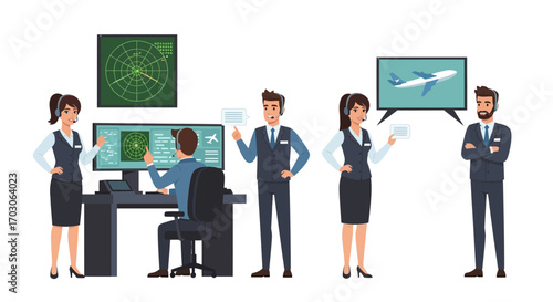 Air traffic controllers monitor radar screens and communicate about aircraft, ensuring safe and efficient air travel.