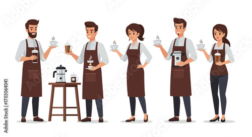 A group of baristas in brown aprons hold various coffee drinks and equipment, smiling and posing.