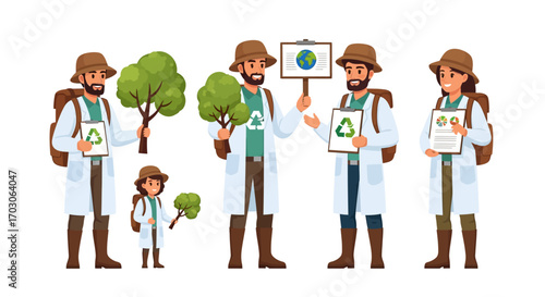 Environmental activists holding signs and plants, promoting recycling and conservation.