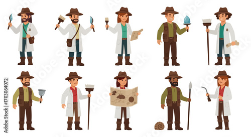 A diverse group of cartoon archaeologists, meticulously excavating and documenting artifacts.
