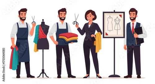 Tailors and a fashion designer stand together with tools, fabrics, and a dress design on a board.