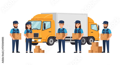 Delivery workers in uniform stand beside a large delivery truck, holding boxes.