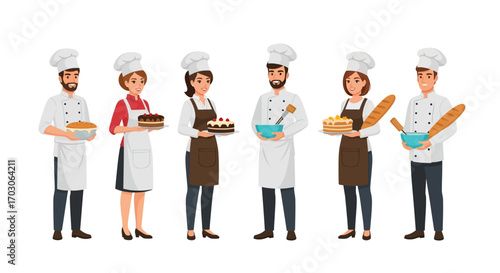 A team of cheerful bakers proudly display their freshly baked breads, cakes, and pastries.