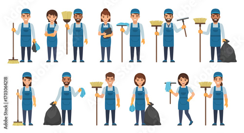 A collection of cartoon cleaning professionals holding various tools and equipment, ready for duty.