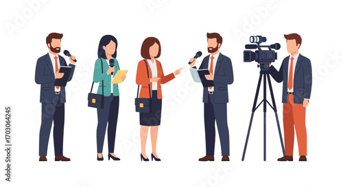 News team conducting an interview, with reporters, cameraman, and microphones.