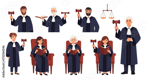 Illustration of judges in robes, holding gavels and books, representing legal proceedings.