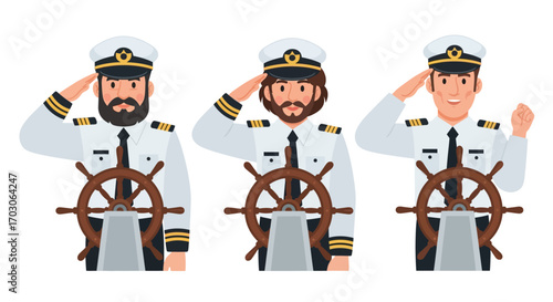 Three cartoon captains in white uniforms and hats saluting behind ship wheels.