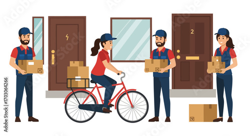 Delivery people and cyclist delivering packages in front of doors.