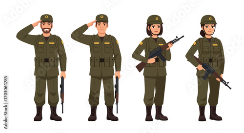 Four cartoon soldiers in uniform, two men saluting and two women holding rifles, stand against a white background.