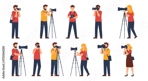 Diverse group of photographers positioned with cameras and tripods, various poses.
