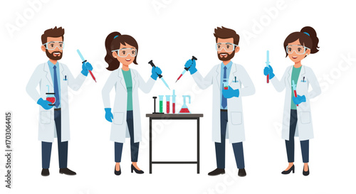Four laboratory scientists performing experiments with beakers, test tubes, and pipettes, conducting scientific research.