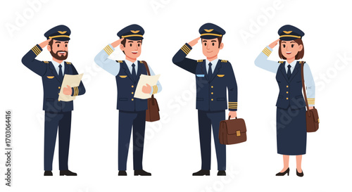 Four airline pilots, three men and one woman, in uniform, saluting and holding documents or a briefcase.