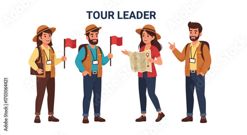 Four tour leaders, holding flags and maps, stand in a row, ready to guide tourists.