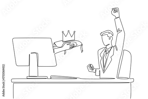 Single one line drawing hands out of the monitor screen while holding crown. Sign of success. Most prestigious award in business world. Things from Screen. Continuous line design graphic illustration