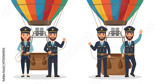 Two illustrations show a hot air balloon with pilots, one with a male and female, the other with two males, one waving.