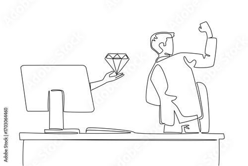 Continuous one line drawing hands out of the monitor screen while holding diamond. The joy of finding a new mine point full of diamonds. Things from Screen. Single line draw design vector illustration