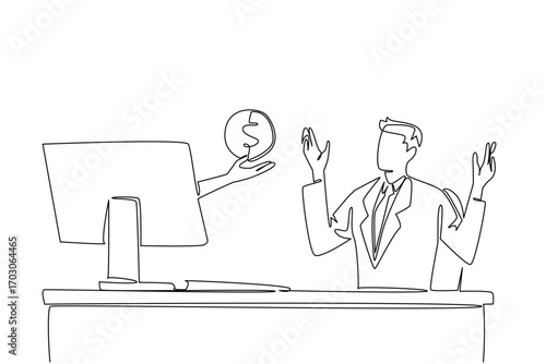 Continuous one line drawing hands out of the monitor screen while holding a penny. Small investment with small profit. Manage well. Things from Screen. Single line draw design vector illustration