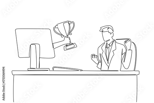 Single one line drawing hands out of the monitor screen while holding trophy. Award winner from business magazine. Innovative. Creative. Things from Screen. Continuous line design graphic illustration