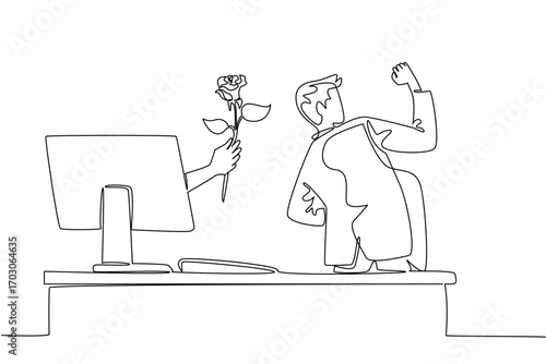 Continuous one line drawing hands out of the monitor screen while holding rose flower. Dancing happily. New business romance. Happiness. Things from Screen. Single line draw design vector illustration