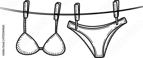 Hand drawn sketch of a bikini and panties drying on a clothesline