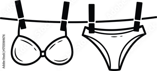 Hand drawn illustration of a bra and panties hanging on a clothesline