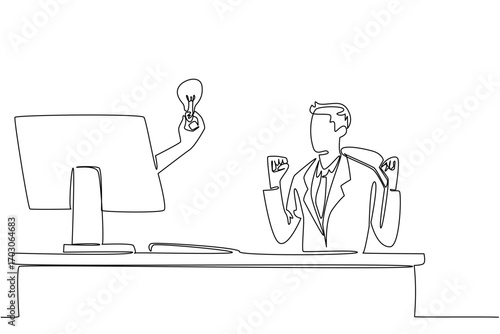 Single one line drawing hand out of the monitor screen holding a bulb lamp. Cheer up with the brilliant idea that came. Innovation. Things from Screen. Continuous line design graphic illustration
