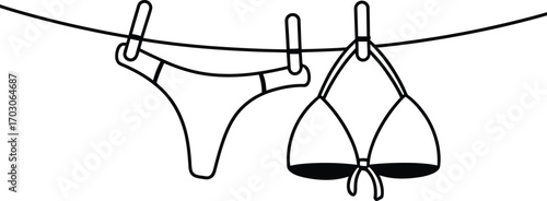Hand drawn illustration of a bikini and underwear drying on a clothesline