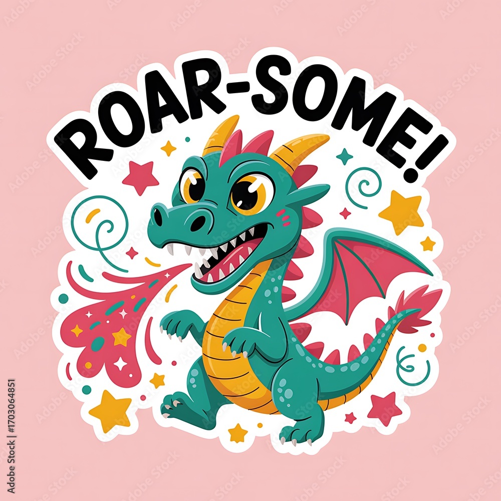 Obraz premium Roarsome Cartoon Dragon with Fire Breath and Stars Cheerful Illustration for Childrens Designs and Fun Projects Promoting Playfulness and Excitement