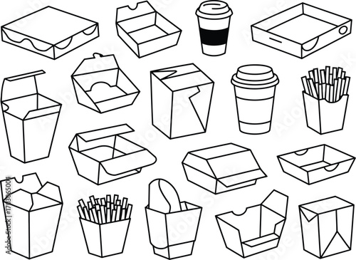 Collection of hand drawn food packaging and takeaway containers