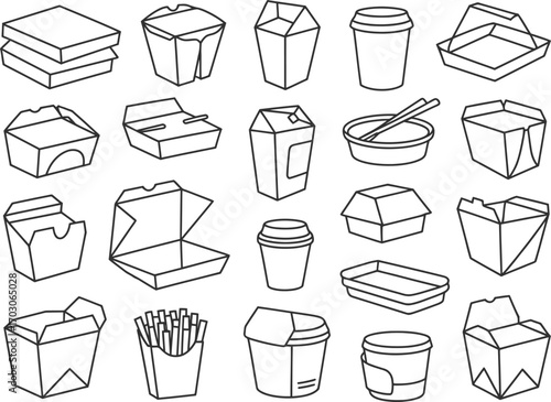Collection of hand drawn food packaging and takeout containers