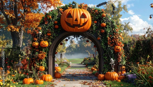 Enchanting garden path under a festive arch decorated with smiling pumpkins for a Halloween celebration in autumn