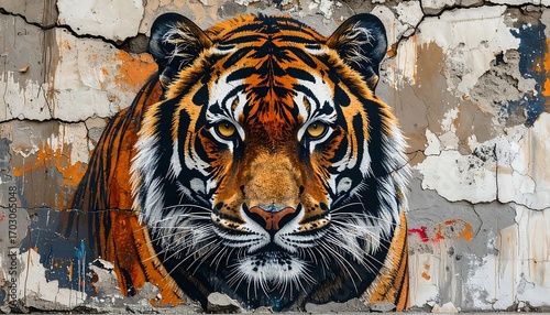 Graffiti tiger on weathered wall