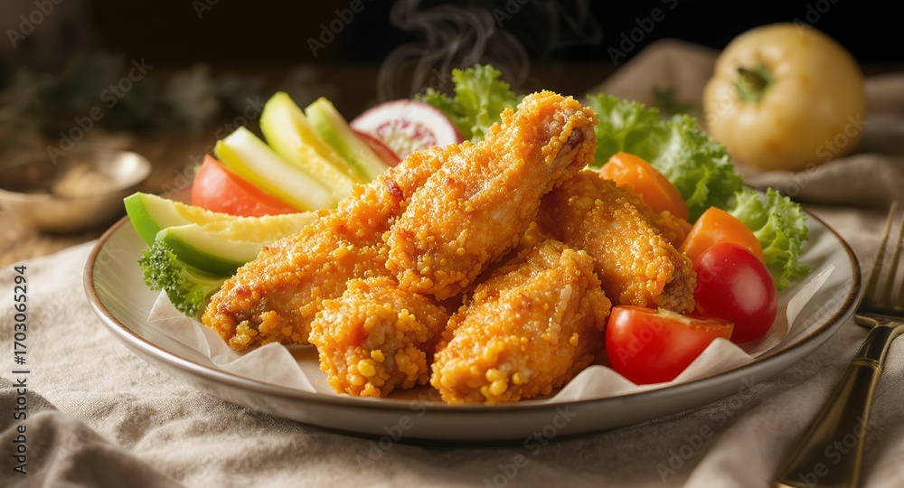 Fototapeta premium Crispy Fried Chicken Wings with Vegetable Garnish on Plate