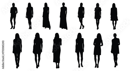 silhouettes of women in various elegant dresses and poses