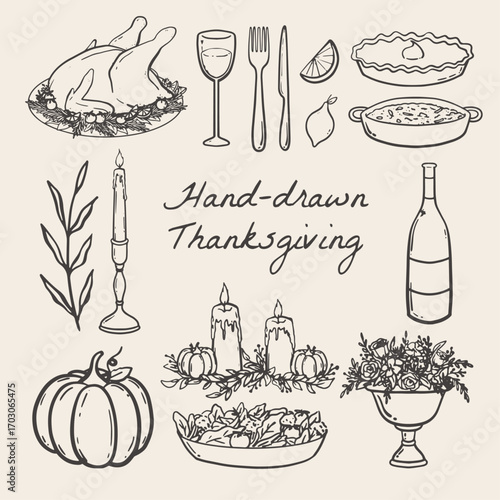 Set of hand drawn thanksgiving elements. Vector illustration hand drawn thanksgiving dinner sketch for thanksgiving invitation, cards, and greetings