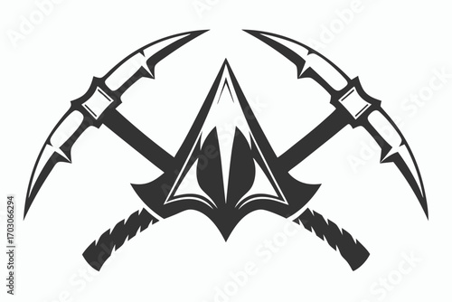 Crossed Black Pickaxes and Arrowhead on White Background